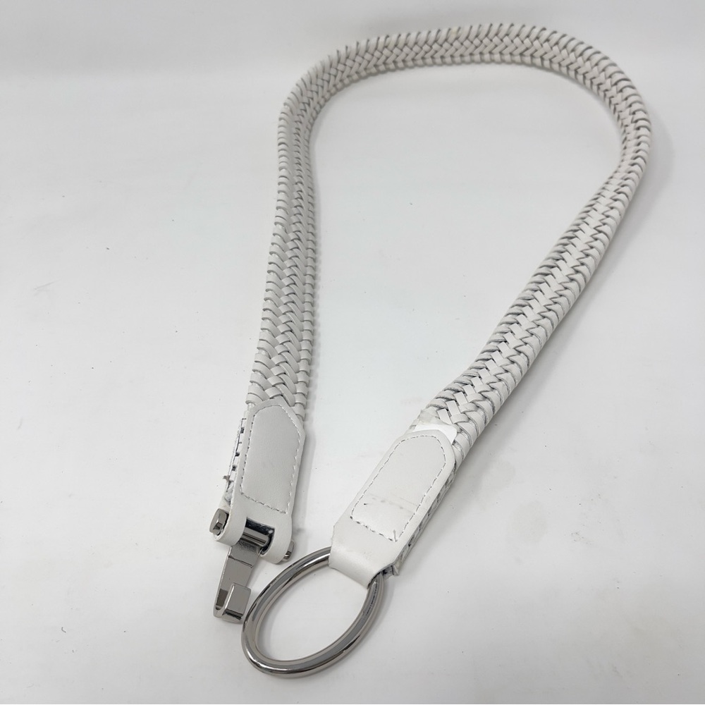Vintage White Braided Leather Belt Silver Ring Buckle, Minimalist - Picture 5 of 5